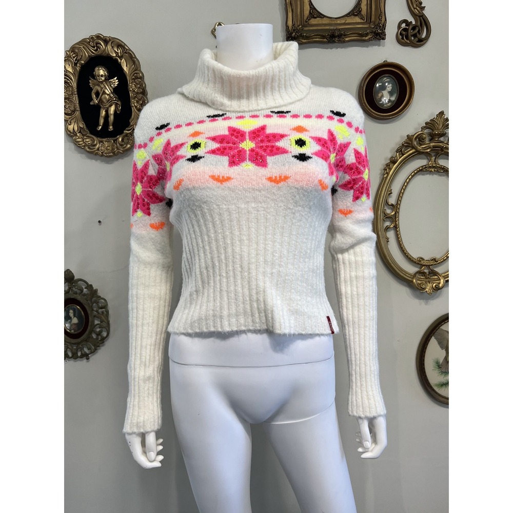 Miss Sixty Vintage Y2K Fair Isle Neon Floral Turtleneck Knit Sweater Size L